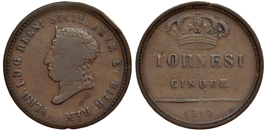 Неаполь и Сицилия 5 торнеси 1819 Фердинандо I KM 121 a медь 1521-244