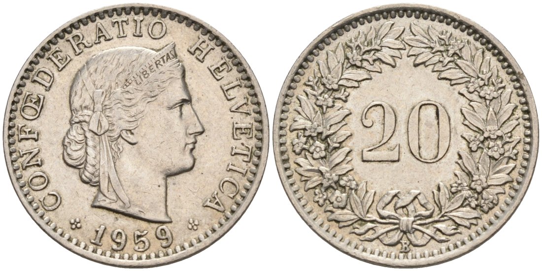 Швейцария 20 раппенов 1959 В KM 29а медно-никель 92-1253