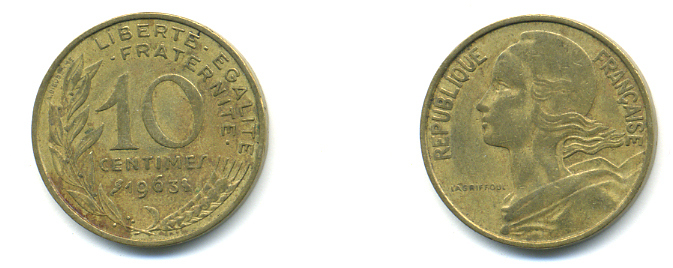 ФРАНЦИЯ 10 САНТИМОВ 1963 ТИП MARIANE KM 929, LE FRANC 144.3 алюминиевая бронза 3999-1353