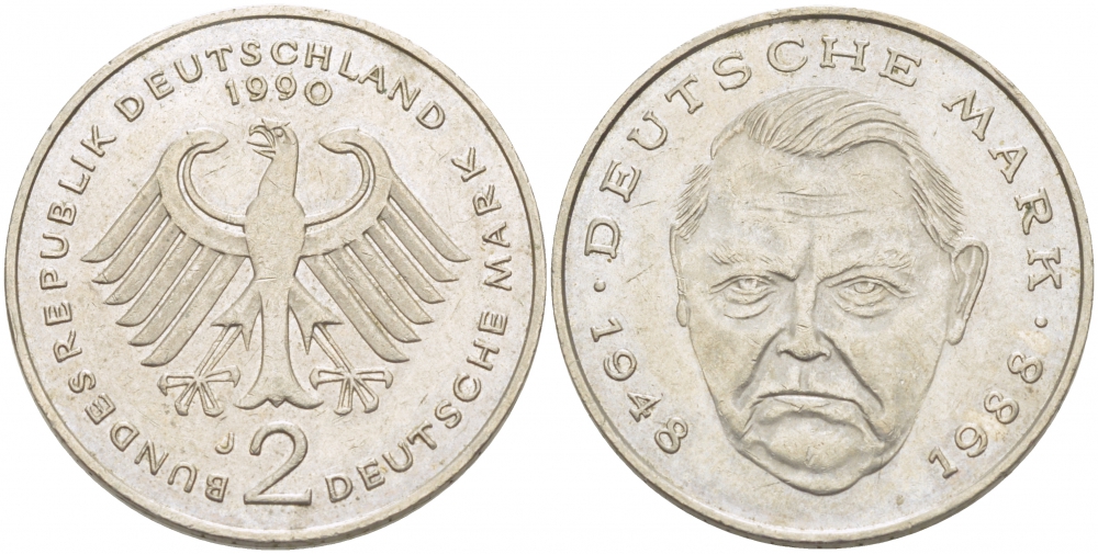 ФРГ 2 МАРКИ 1990 J ЛЮДВИГ ЭРХАРД KM 170 медно-никель 3718-956