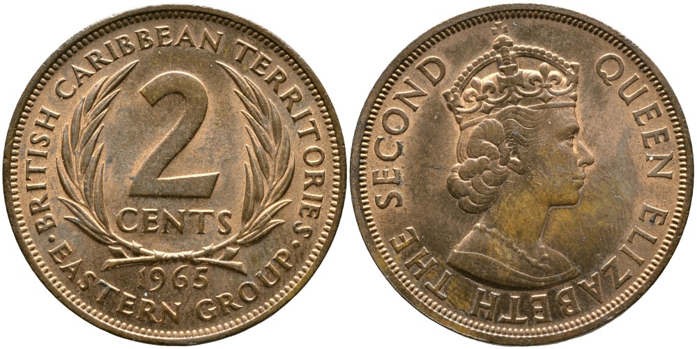 Британские Восточно-Карибские территории 2 цента 1965 Елизавета II (1952-2022) KM 3 бронза 4527-1114