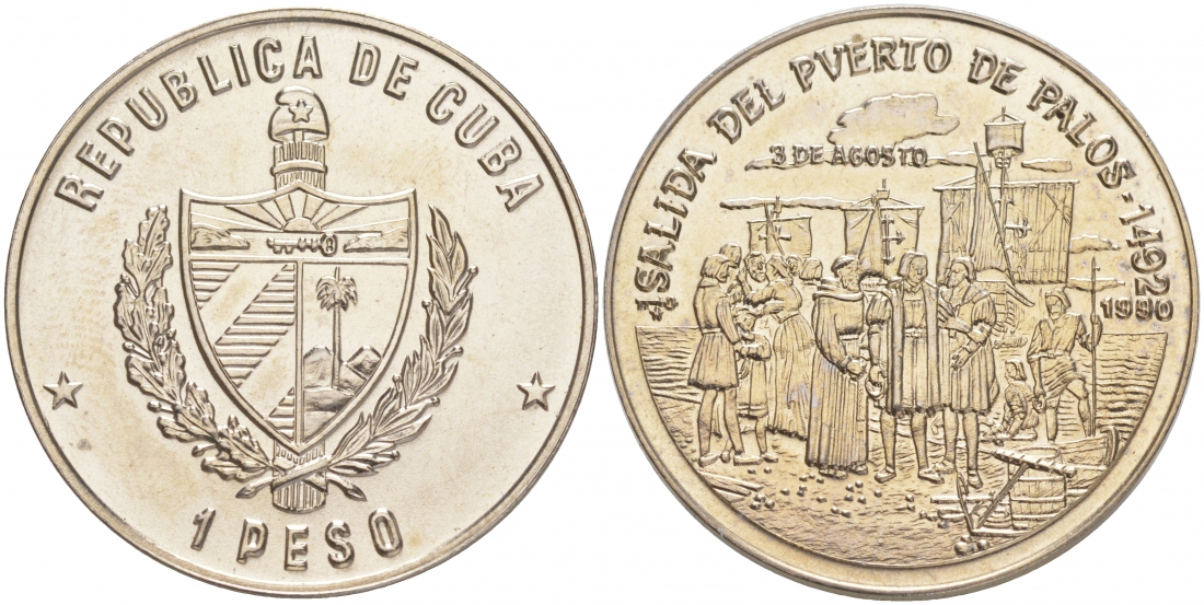 Куба 1 песо 1990 500 лет открытия Америки, отплытие из порта Палос KM 273 медно-никель UNC 1526-914 M36-20