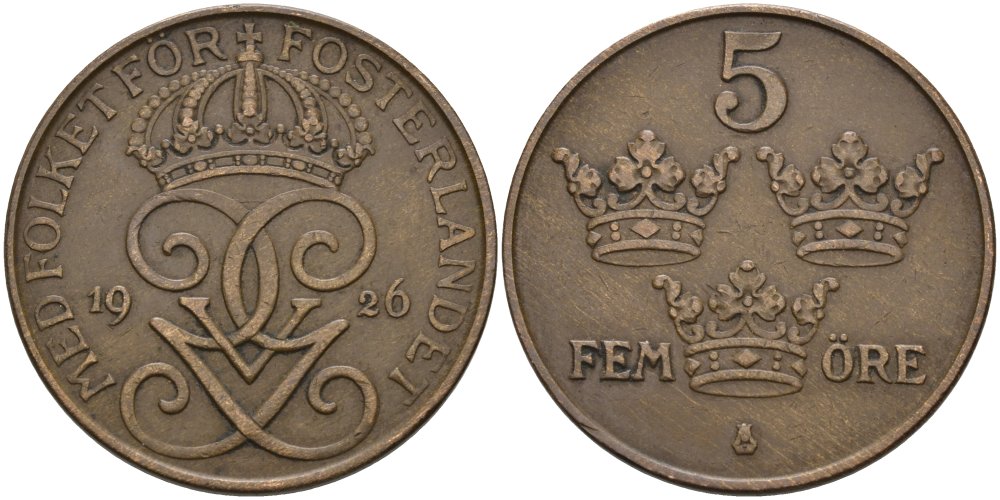 Швеция 5 эре 1926 Густав V (1907-1950) KM 779.2 бронза 4579-117