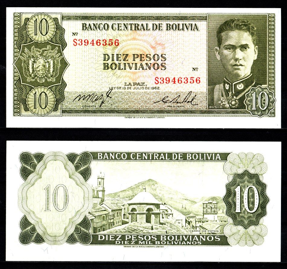 Боливия 10 боливиано 1962 Херман Буш Бесерра, Потоси
 Pick 154 a (17) бумага UNC (пресс) 7523-36-4-2