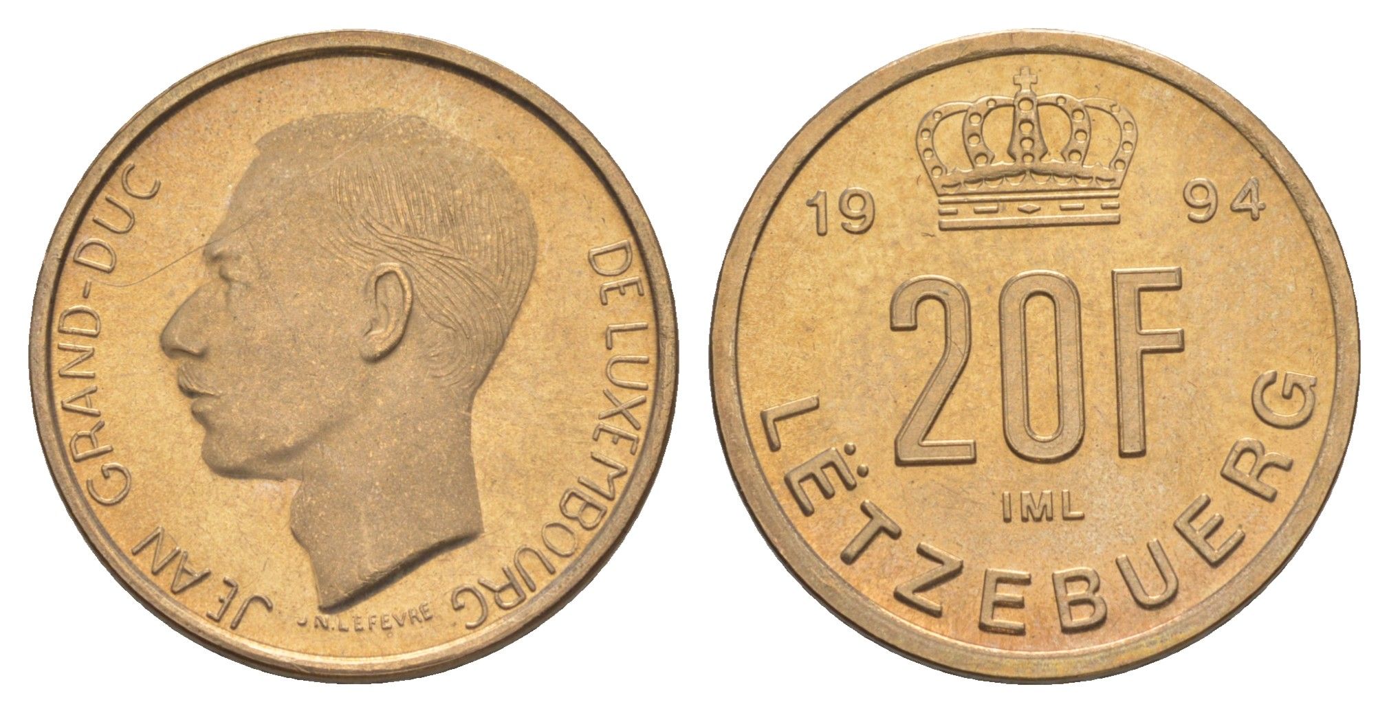 Люксембург 20 франков 1994 Великий герцог Жан (1964-2000), тираж 10.000 экземпляров KM 67 алюминиевая бронза BU 4178-742