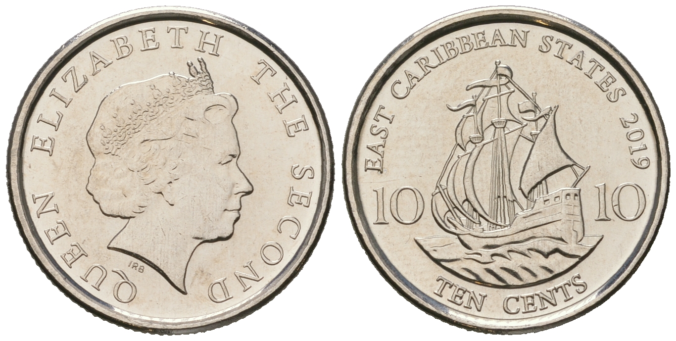 Восточно-Карибские штаты 10 центов 2019 Елизавета II (1952-2022), парусник KM 37 a никелированная сталь  UNC  M60-12