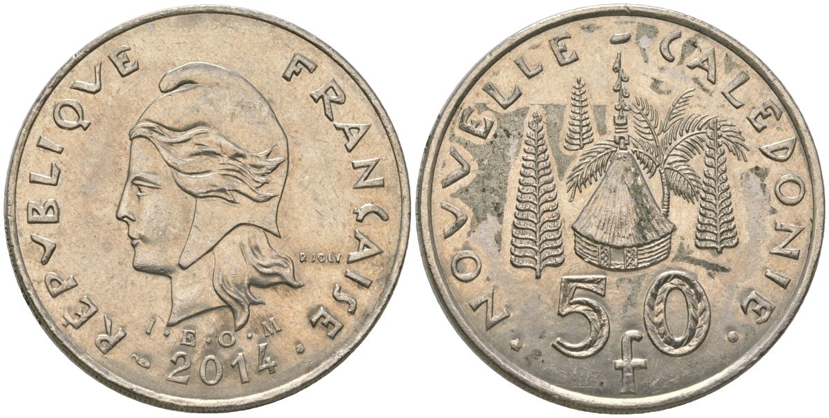 Французская Новая Каледония 50 франков 2014 хижина среди сосен и пальм, (IEOM) KM 13a, Schoen 15a, Lec 128i медно-никель 176-1143