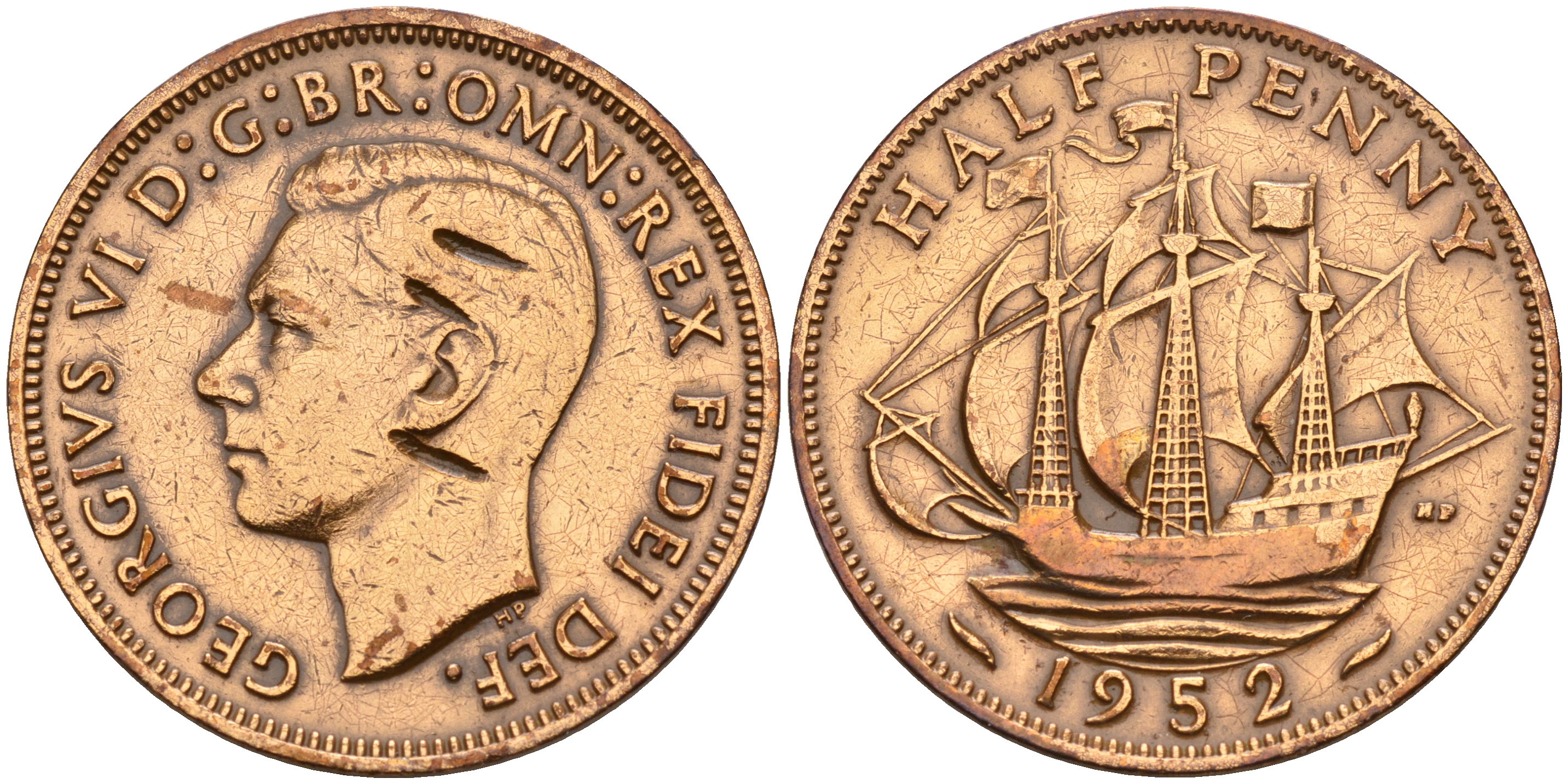 Великобритания 1/2 пенни 1952 Георг VI (1936-1952) KM 868, Spink 4118 бронза    4153-325