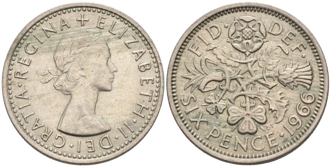 Великобритания 6 пенсов 1966 Елизавета II (1952-2022) KM 903, Spink 4149 медно-никель 4561-1055