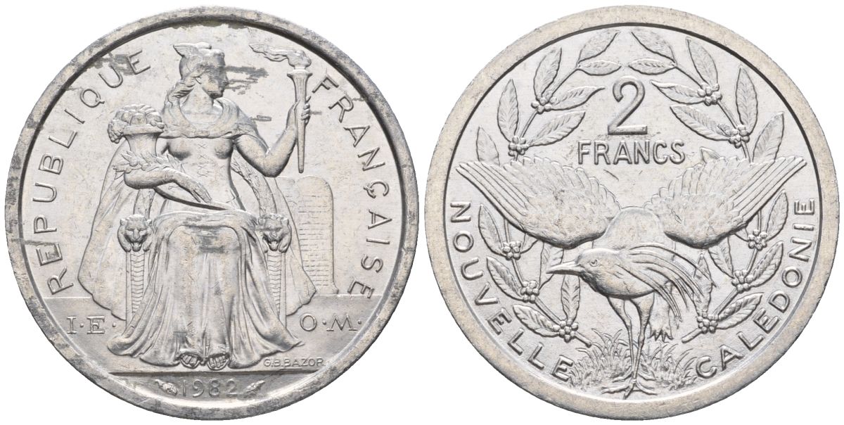 Французская Новая Каледония 2 франка 1982 птица кагу, (IEOM) KM 14, Schoen 11, Lec 62 алюминий    08-846