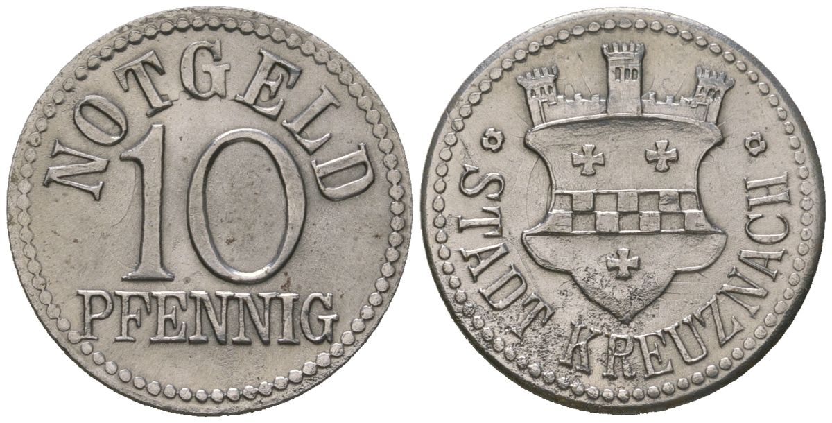 Кройцнах (Пруссия, Рейн) 10 пфеннингов ND Funck 259.1, Men18 17446.1 железо 4586-1035