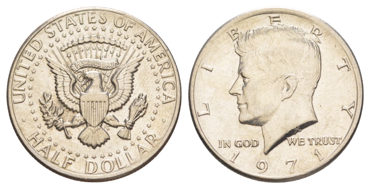 США 1/2 доллара (50 центов) 1971 Джон Кеннеди KM 202b медь плакированная медно-никелем aUNC 4131-926