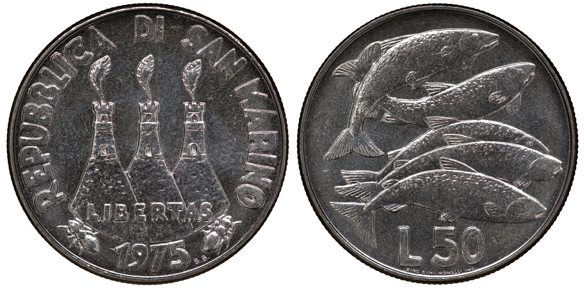 Сан-Марино 50 лир 1975 косяк рыб KM 45 нержавеющая сталь UNC M51-05