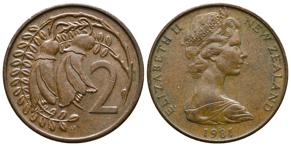 Новая Зеландия 2 цента 1981 Елизавета II (1952-2022), два цветка кохаи KM 32.1 бронза 76-652