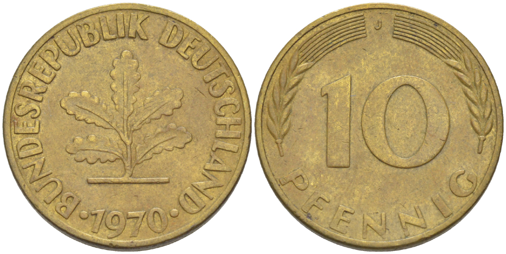 ФРГ 10 ПФЕННИГОВ 1970 J KM 108, J. 383 сталь плакированная латунью 4182-817