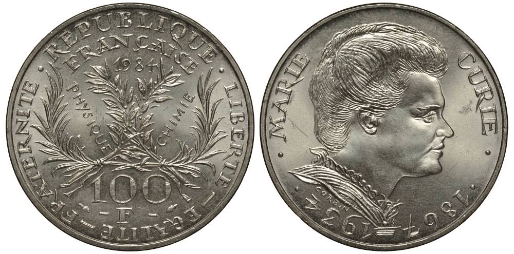 Франция 100 франков 1984 50 лет со дня смерти Марии Кюри KM 955 серебро UNC 413-2942