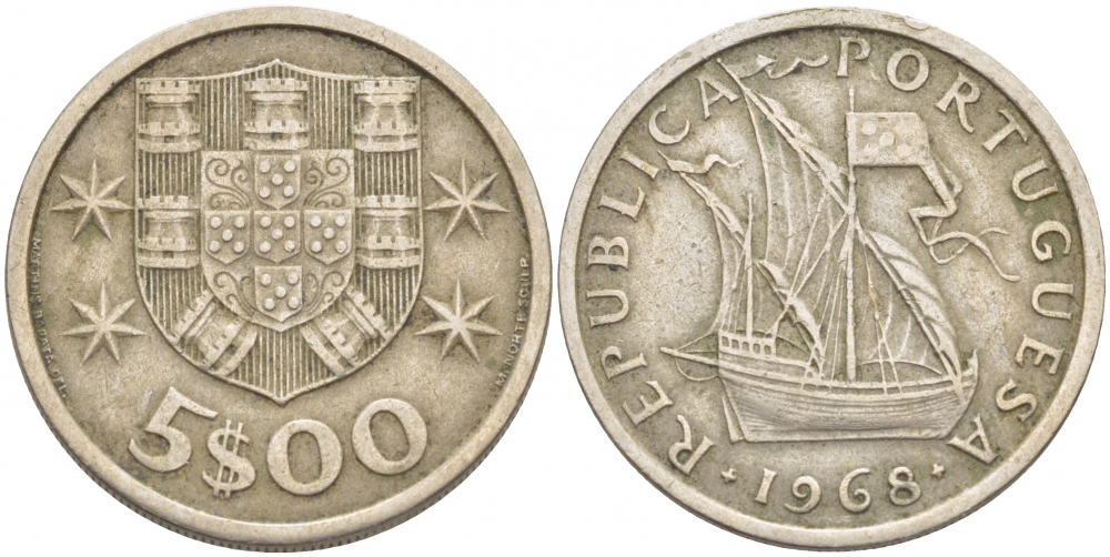 ПОРТУГАЛИЯ 5 ЭСКУДО 1968 ПАРУСНИК KM 591 медно-никель 3718-455