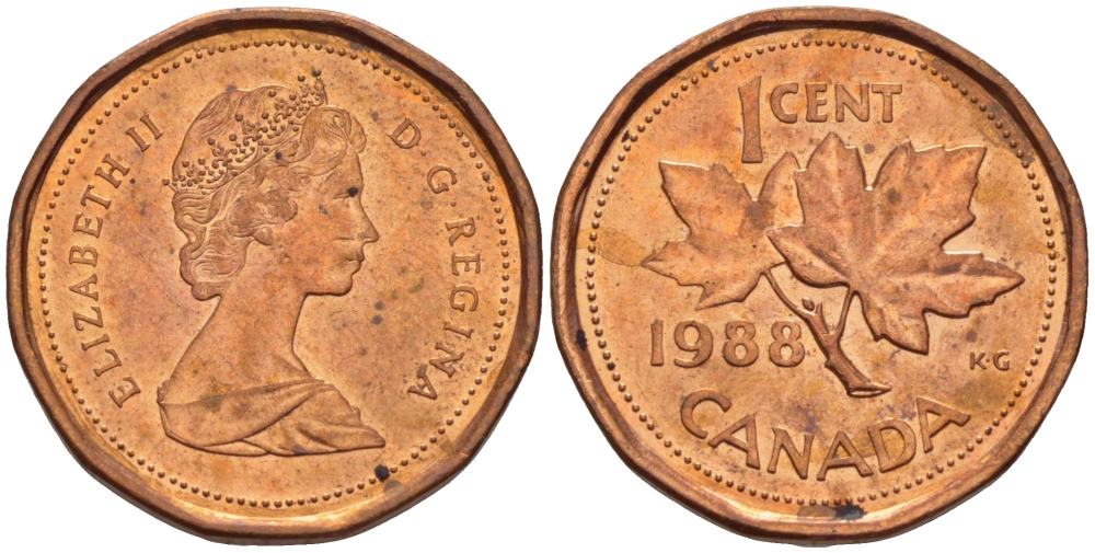 КАНАДА 1 ЦЕНТ 1988 КЛЕНОВЫЙ ЛИСТ, ЕЛИЗАВЕТА II KM 132 бронза 54-127