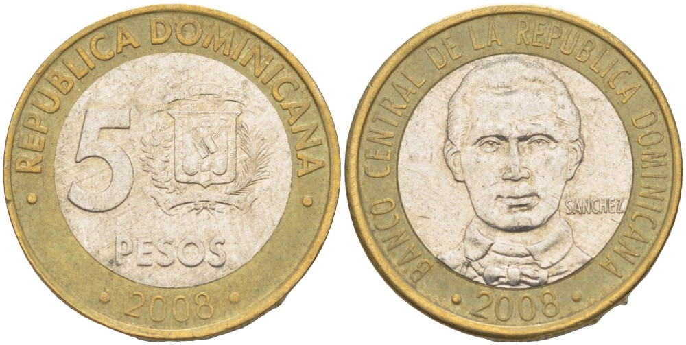 Доминиканская республика 5 песо 2008 Санчес KM 89 биметалл 4541-1126