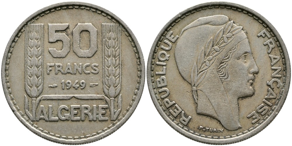 Алжир, Французский 50 франков 1949 KM 92 медно-никель 4536-321