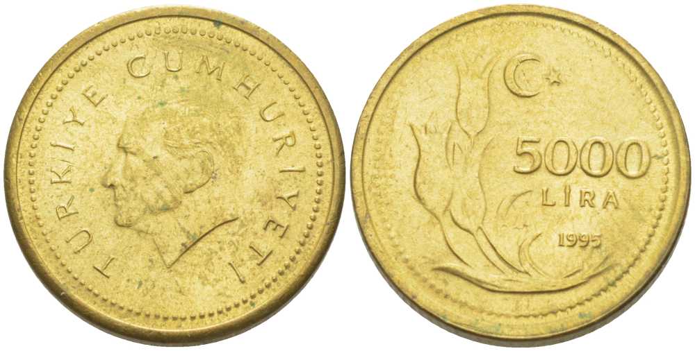 Турция 5000 лир 1995 Мустафа Кемаль Ататюрк KM 1029.1 латунь 179-724