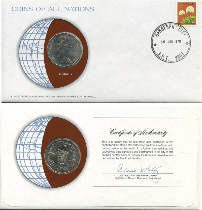 Австралия 50 центов 1978 Елизавета II (1952-2022), герб Австралии, кенгуру, МОНЕТА В КОНВЕРТЕ ПЕРВОГО ДНЯ ГАШЕНИЯ С МАРКОЙ KM 68 медно-никель UNC 4294-5-3