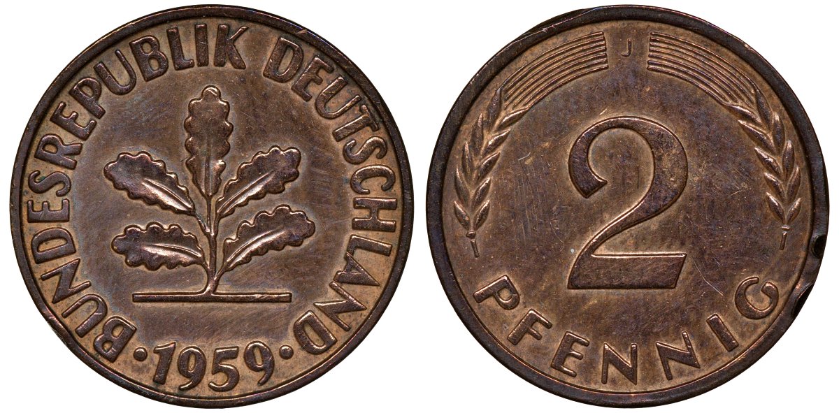 ФРГ 2 ПФЕННИГА 1959 J KM 106, J.381 бронза 72-1067