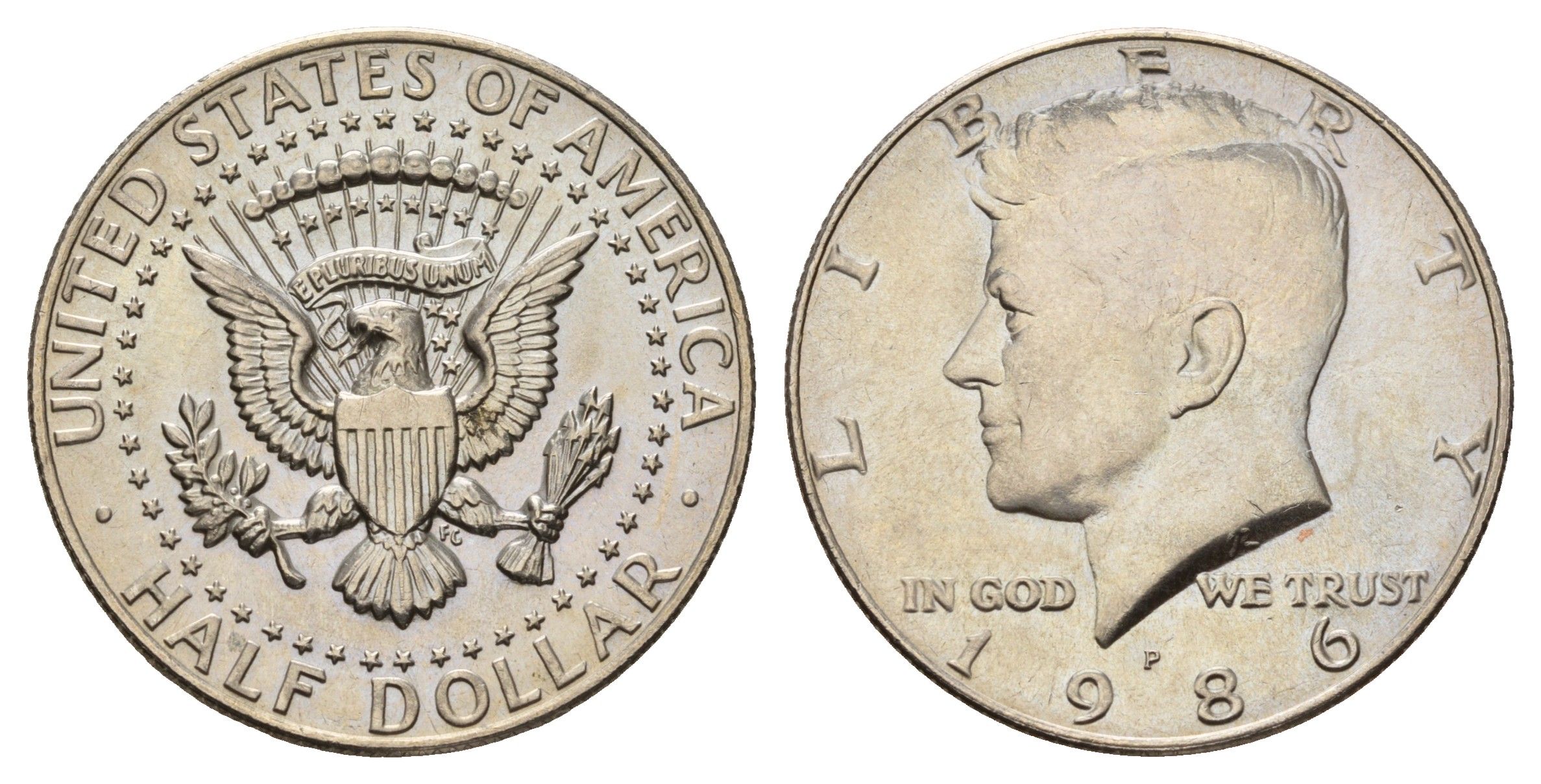 США 1/2 доллара (50 центов) 1986 P, Джон Кеннеди KM A202b медь плакированная медно-никелем UNC 4672-631