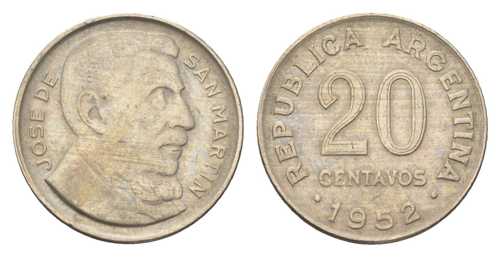 Аргентина 20 сентаво 1952 генерал Хосе де Сан Мартин KM 48 медно-никель 4664-157