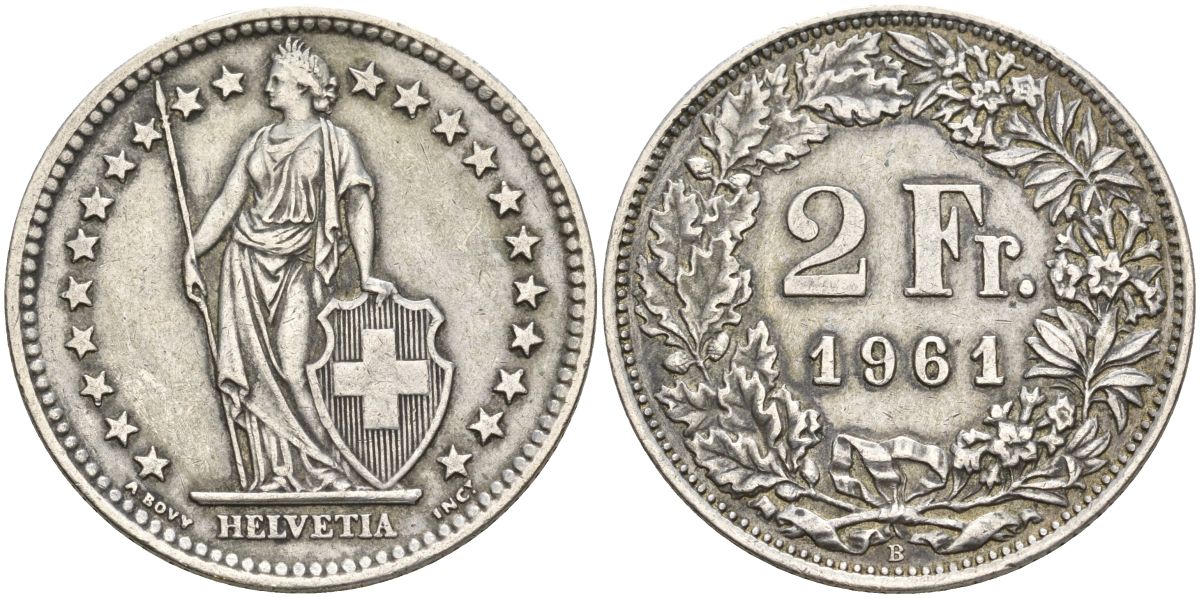 Швейцария 2 франка 1961 KM 21 серебро 4607-542
