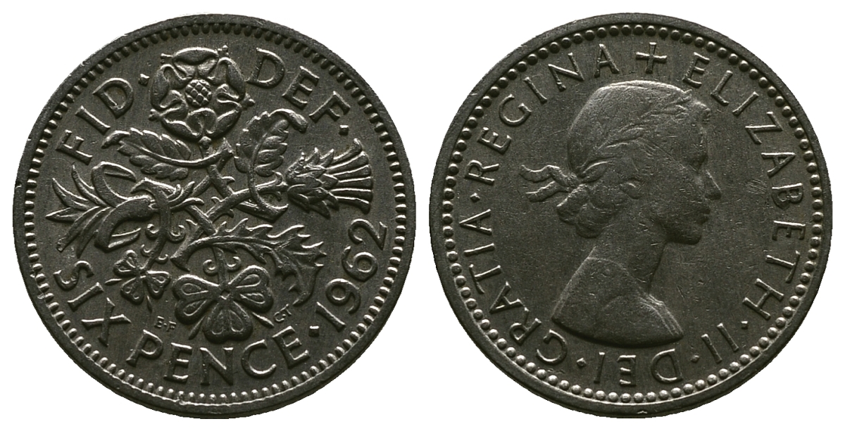 Великобритания 6 пенсов 1962 Елизавета II (1952-2022) KM 903, Spink 4149 медно-никель 4381-737
