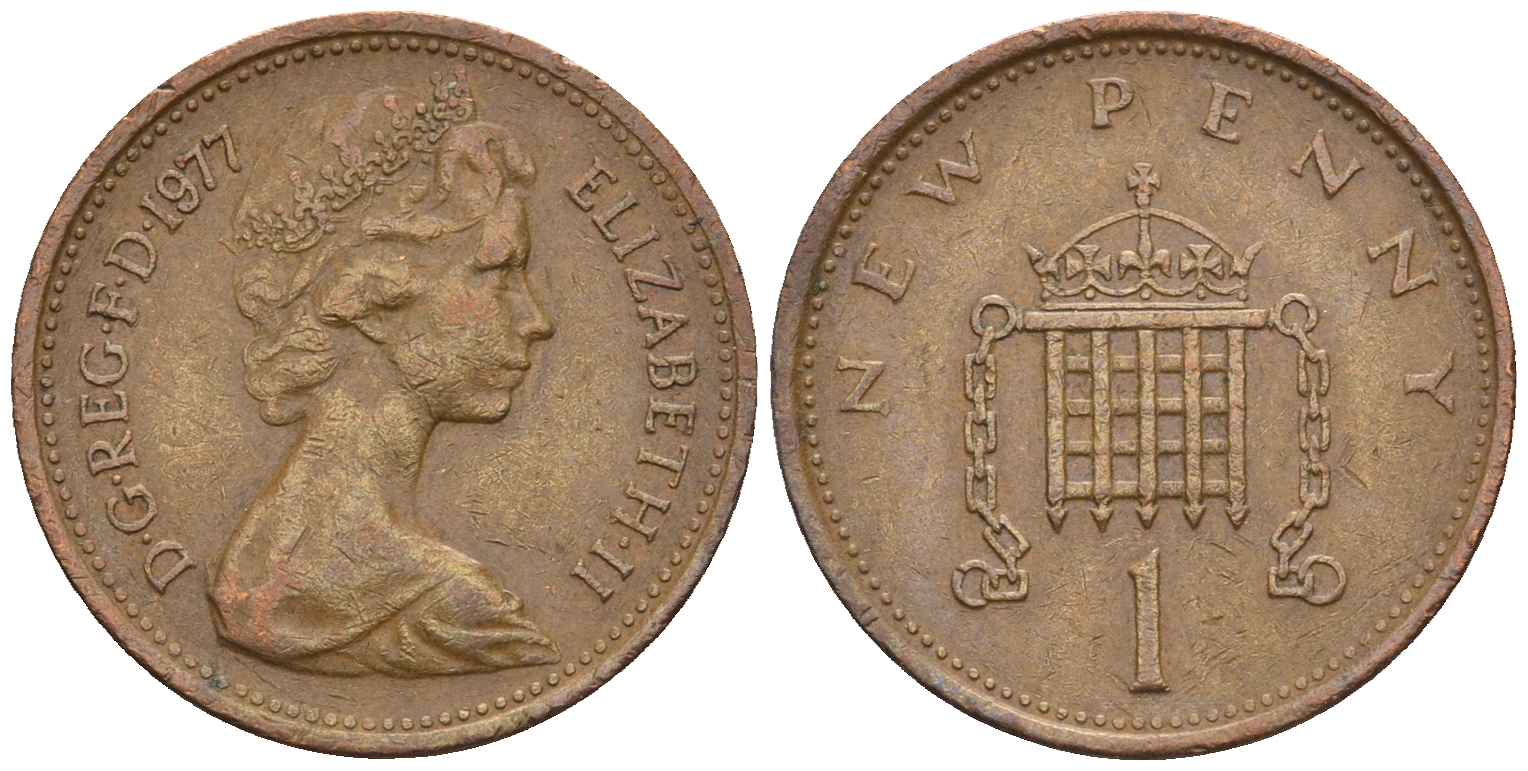 Великобритания 1 пенни 1977 Елизавета II (1952-2022) KM 915, Spink 4237 (B1) бронза 4609-511