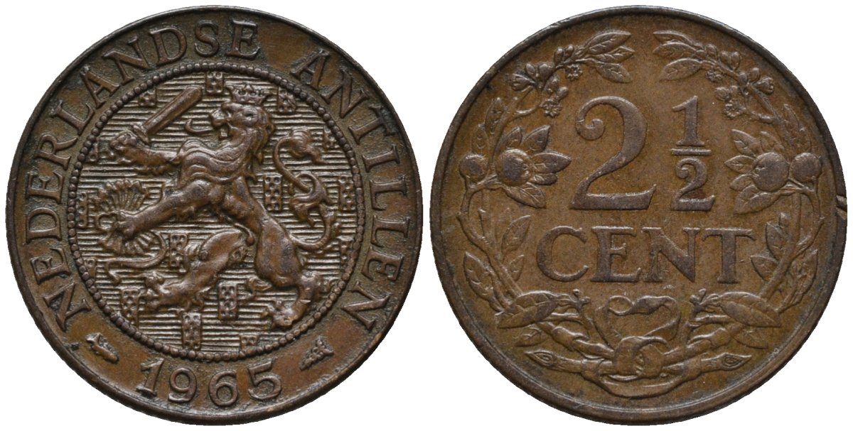Нидерландские Антилы 2 1/2 цента 1965 Юлиана (1948-1980) KM 5 бронза 4579-911