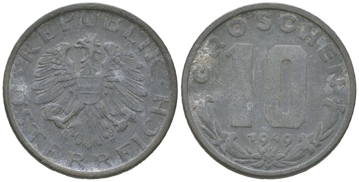 Австрия 10 грошей 1949 KM 2874 цинк 201-613