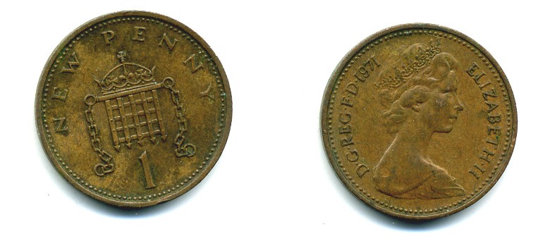 Великобритания 1 пенни 1971 Елизавета II (1952-2022) KM 915, Spink 4237 (B1) бронза 54-113