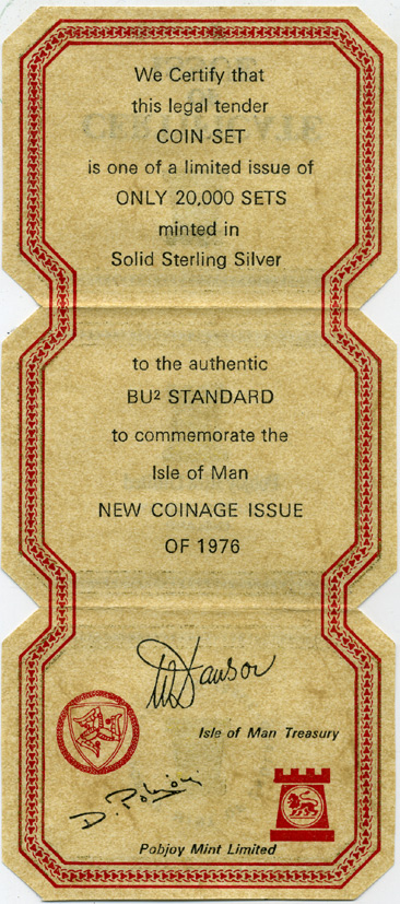 Остров Мэн набор из 6 монет 1976 в оригинальной пластиковой упаковке, с сертификатом, тираж 10000 экземпляров KM PS 9 (KM 33a-34a, 35.1a-36.1a, 39a, 40a) серебро  PROOF  3-6-2-21