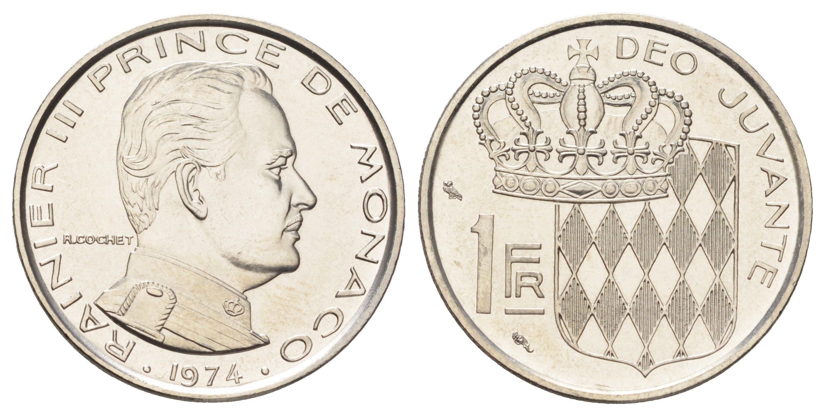 Монако 1 франк 1974 Ренье III (1949-2005), тираж 7.000 экземпляров KM 140 никель BU 4642-146