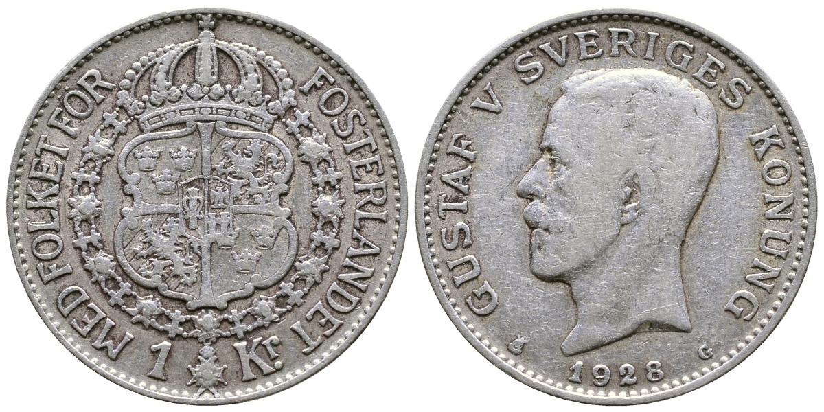 Швеция 1 крона 1928 G, Густав V (1907-1950) KM 786.2 серебро 4178-625