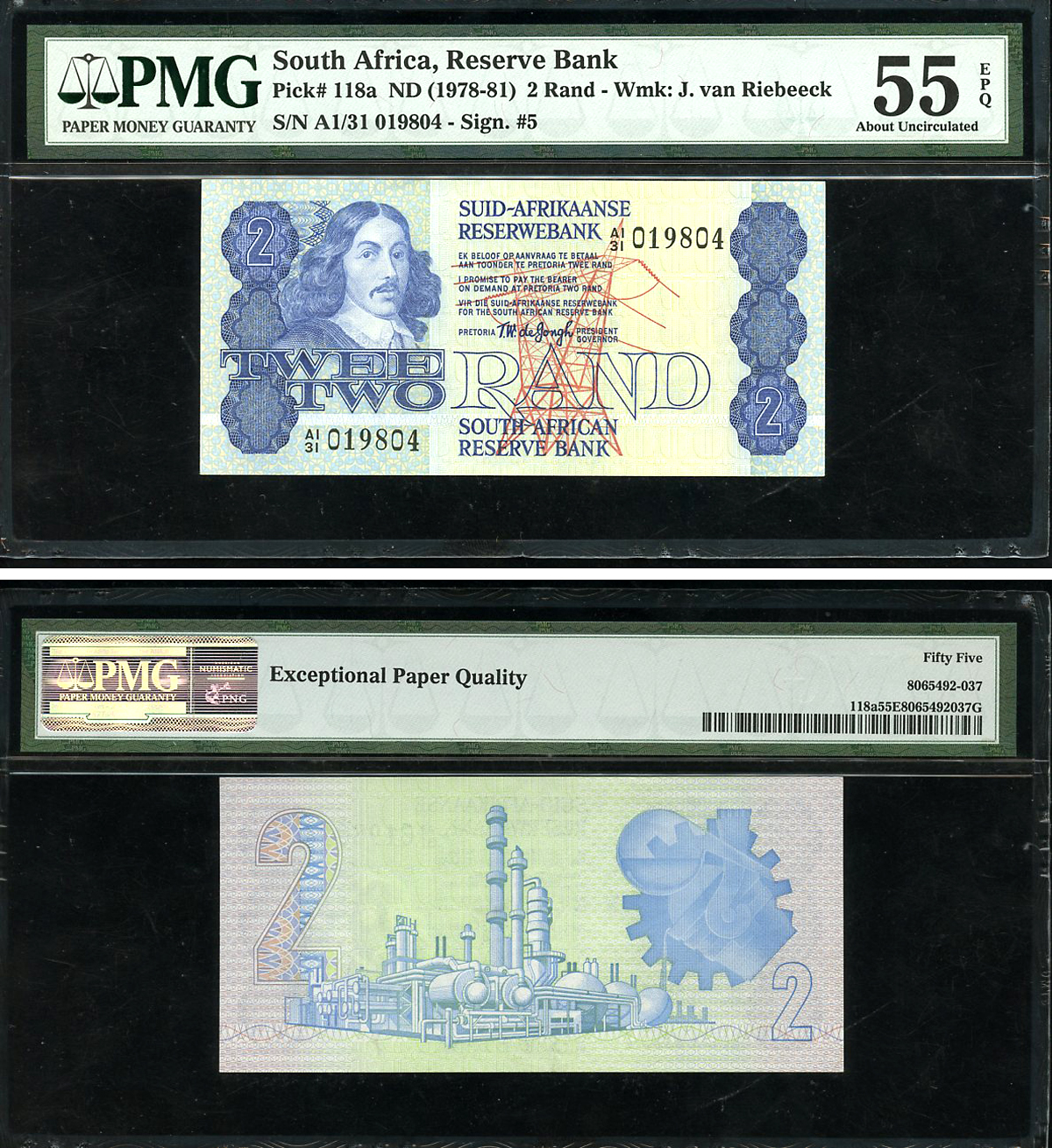 ЮАР 2 ранда ND (1978-81) Бартоломеус Вермуйден, нефтеперерабатывающий завод, африкаанс-английский, в слабе PMG 55 About Uncirculated Pick 118 a бумага  aUNC  452-1-52