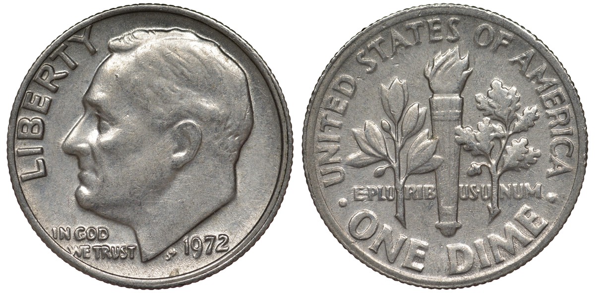 США 10 центов = дайм 1972 Рузвельт KM 195а медь плакированная медно-никелем 4124-444