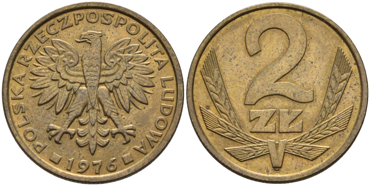 Польша 2 злотых 1976 Ленинградский монетный двор (ЛМД) KM 80.1, Parchimowicz 217b латунь 4580-732