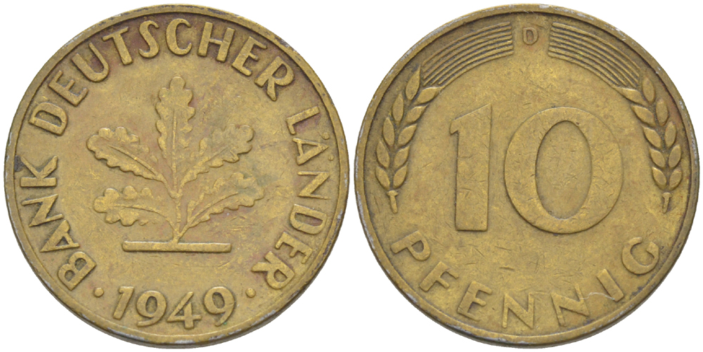 ФРГ 10 ПФЕННИГОВ 1949 D KM 103, J. 378 сталь плакированная латунью 4182-735