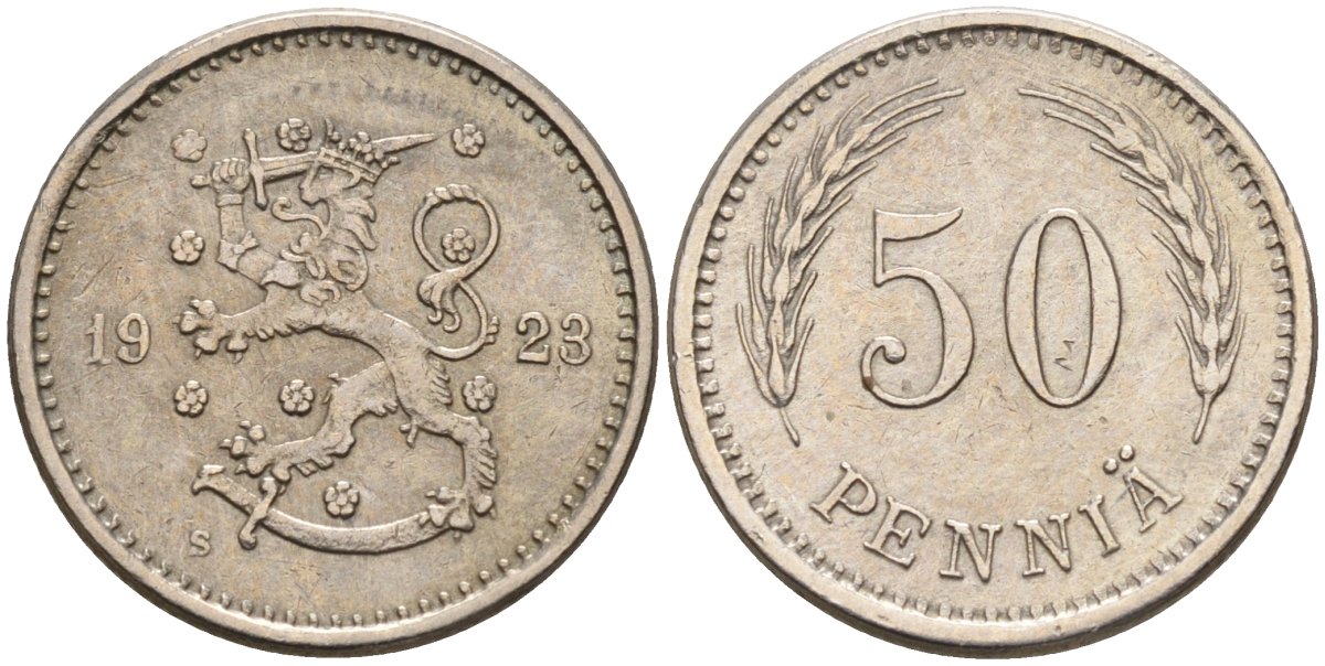 Финляндия 50 пенни 1923 республика (1918-1962) KM 26 медно-никель 4588-1063