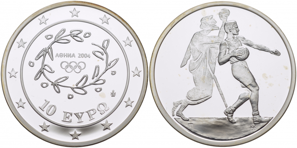 Греция 10 евро 2004 XXVIII летние Олимпийские игры 2004 года в Афинах, гандбол KM 205 серебро PROOF 1069-10-14