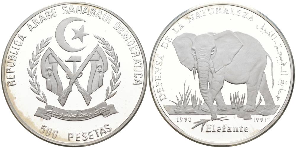 Западная Сахара 500 песет 1993 слон серебро PROOF 00-00