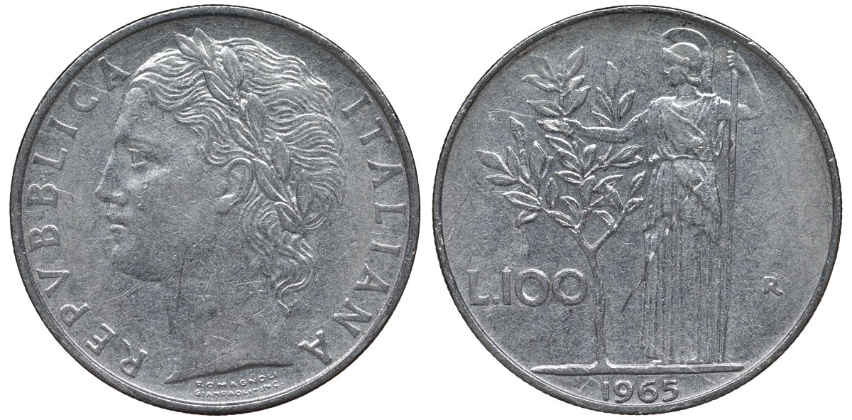 Италия 100 лир 1965 R, Афина в доспехах KM 96.1 нержавеющая сталь 4123-1231