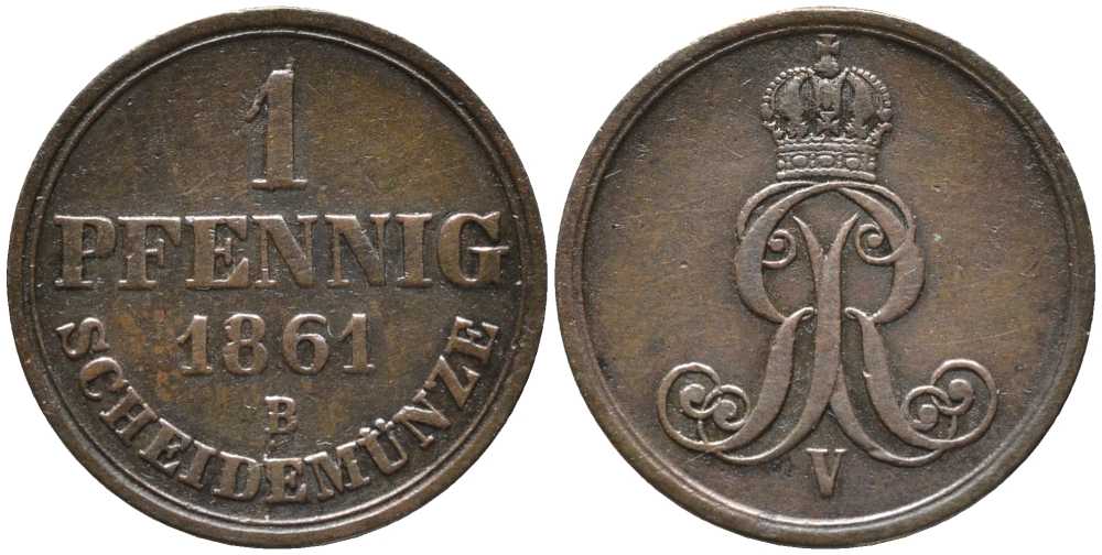ГАННОВЕР 1 ПФЕННИГ 1861 В, ГЕОРГ V (1851-1866) KM 233 медь 4448-1032