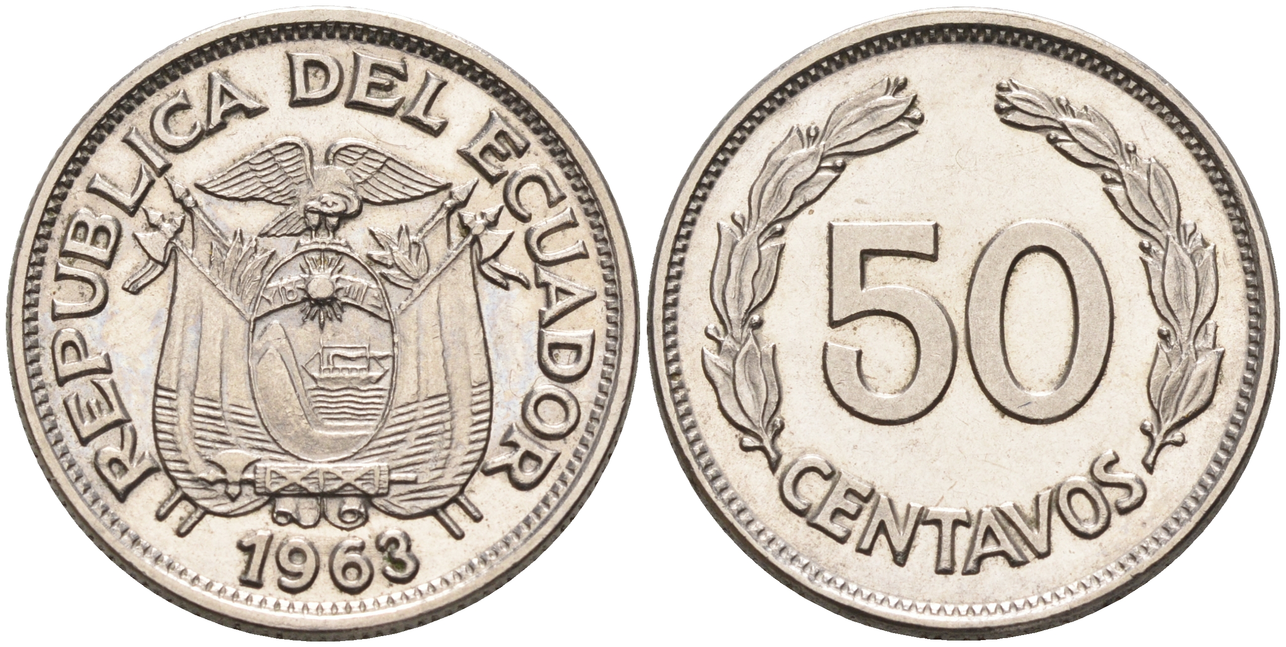 Эквадор 50 сентаво 1963 первый год KM 81 сталь плакированная никелем  UNC 4595-646