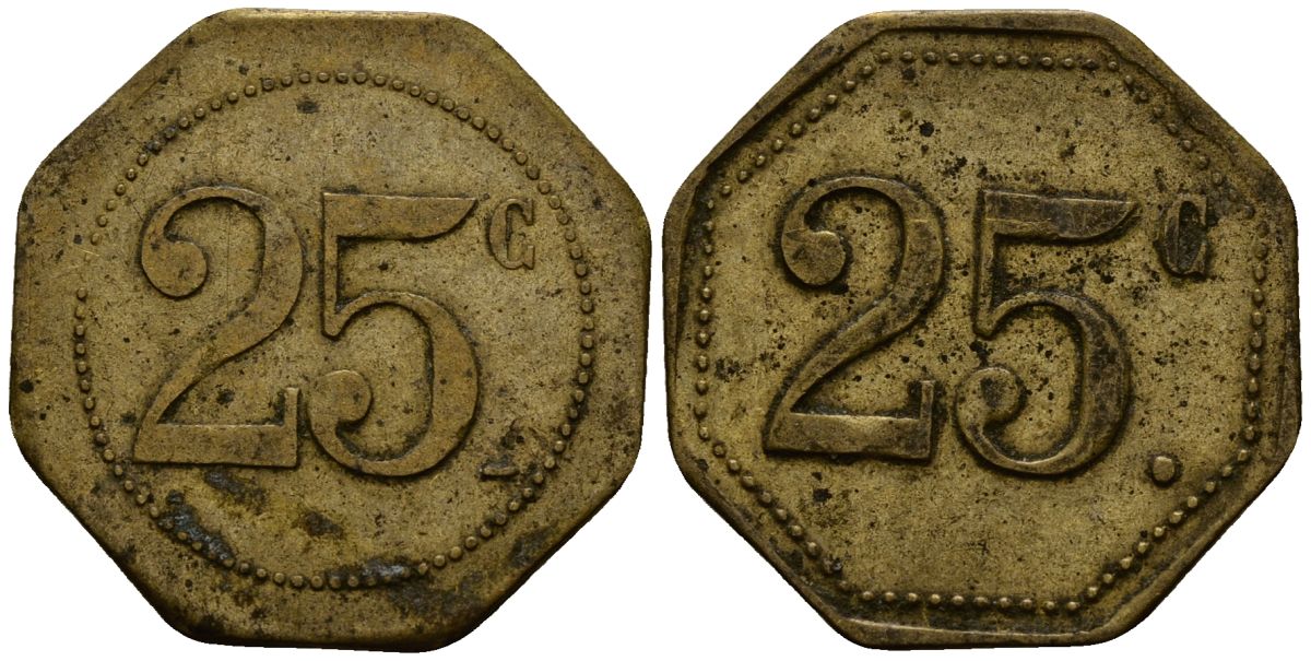 Франция 25 сантимов XIX-XX век ресторанный жетон латунь 4166-555