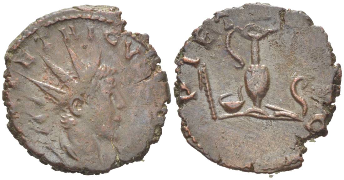 Римская Империя, императоры в Галлии антониниан 273 - 274 Тетрик II, C PIV ESV TETRICVS CAES, бюст цезаря / PIETAS AVGG, понтификальные атрибуты, Августа Треверов RIC 254 биллон 1073-20-104